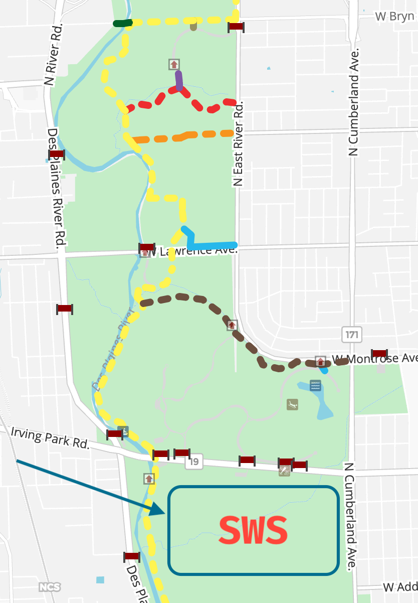 Documented trails on for other areas. Schiller Woods South identified in rectangle at bottom of image. Credit: HikingProject.com