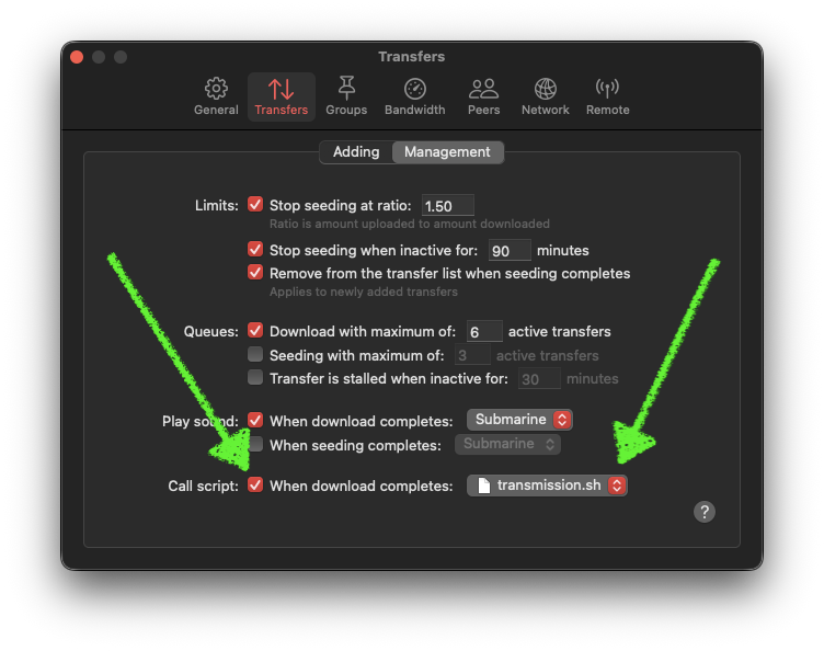 Check the 'Call script' box and select your shell script in the file selector